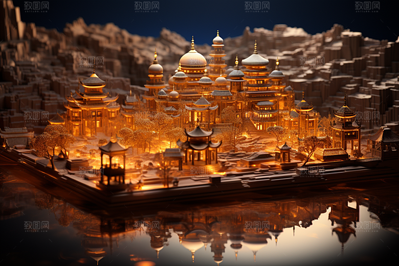国潮光效建筑幻想风质感模型