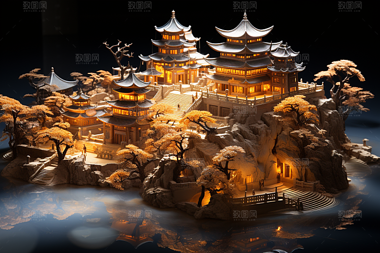国潮光效建筑传统超现实模型