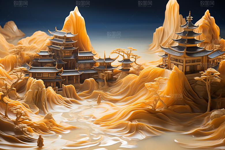 国潮光效建筑中国风赛博朋克模型