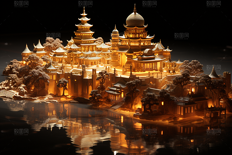 国潮光效建筑超现实赛博朋克模型