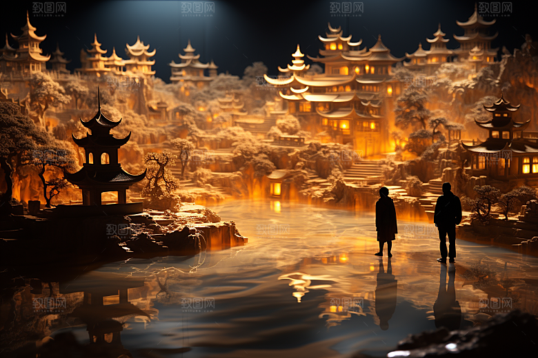 国潮光效建筑梦幻质感模型
