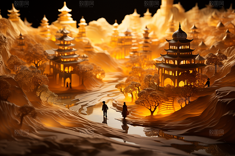 国潮光效建筑中国风梦幻模型