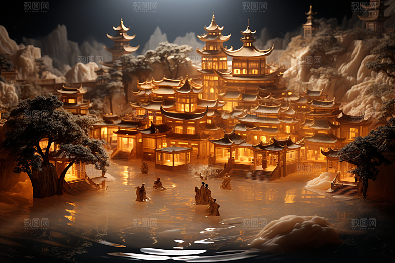 国潮光效建筑梦幻赛博朋克模型