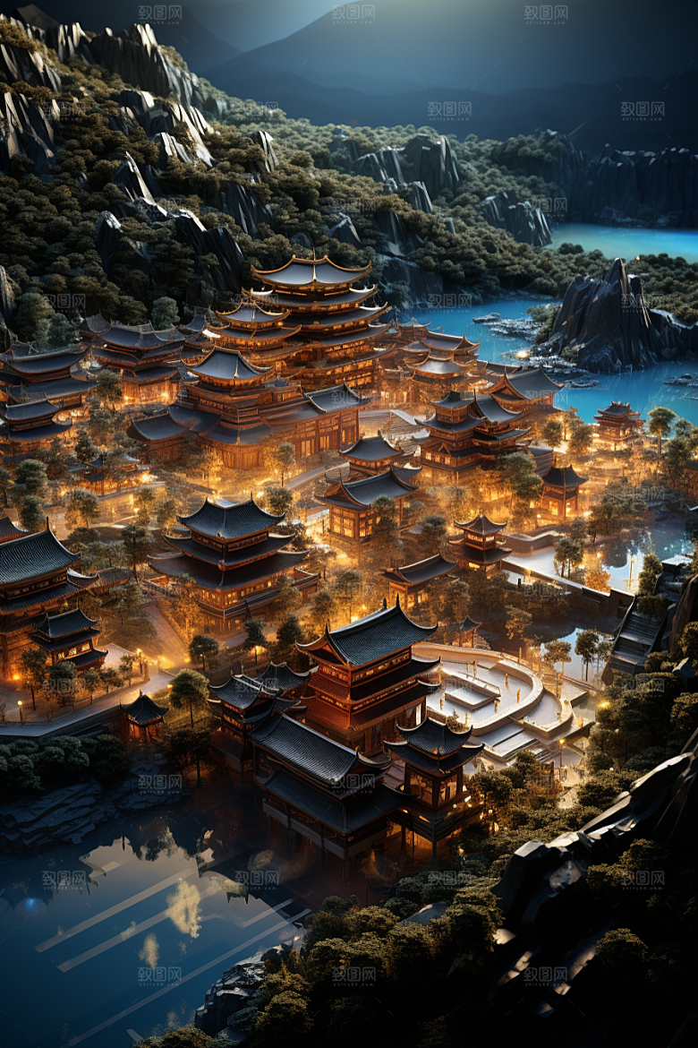 国潮光效建筑梦幻3D模型