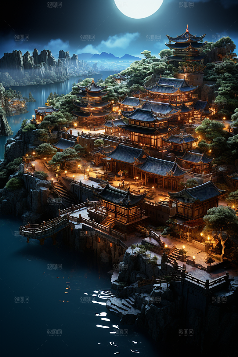 国潮光效建筑中国风山水模型