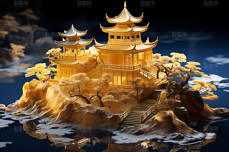 国潮光效建筑传统3D模型