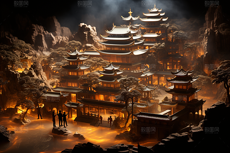 国潮光效建筑赛博朋克传统模型