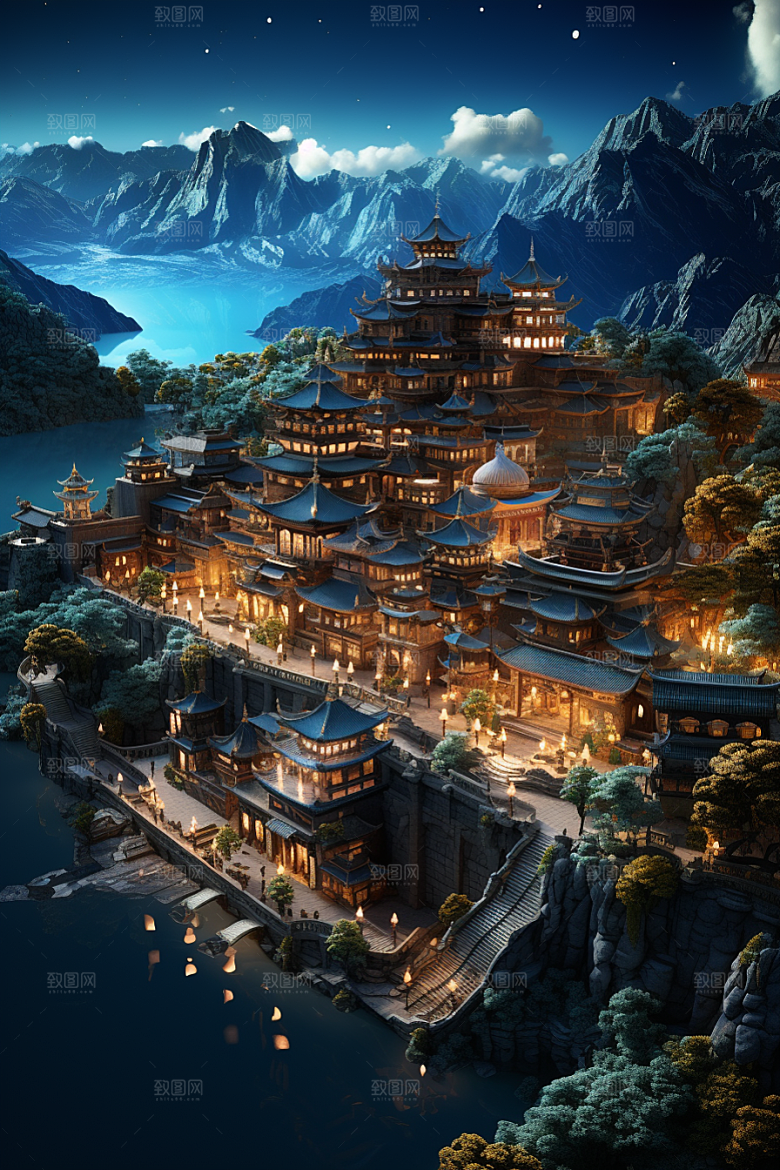 国潮光效建筑幻想风高清模型