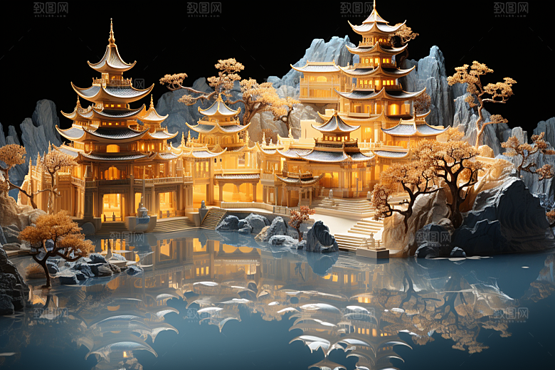 国潮光效建筑山水质感模型