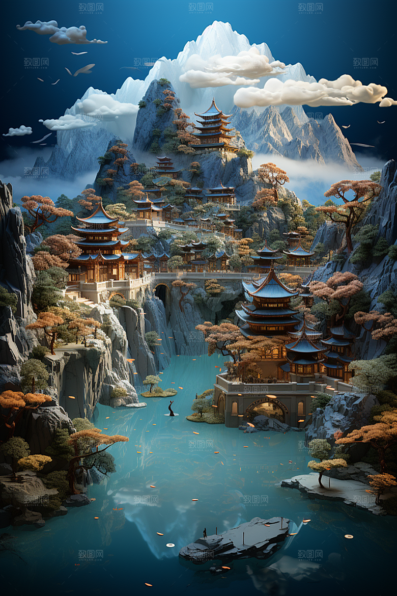 国潮光效建筑幻想风高清模型