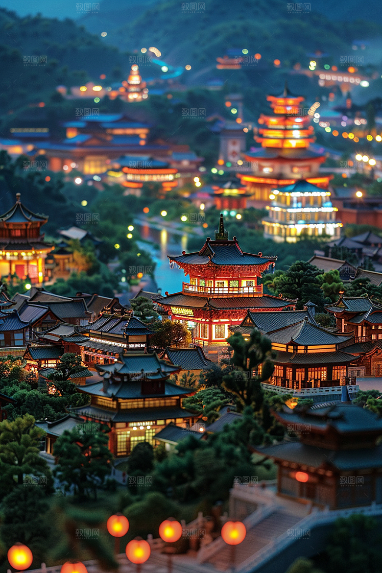 国潮光效建筑中国风幻想风模型
