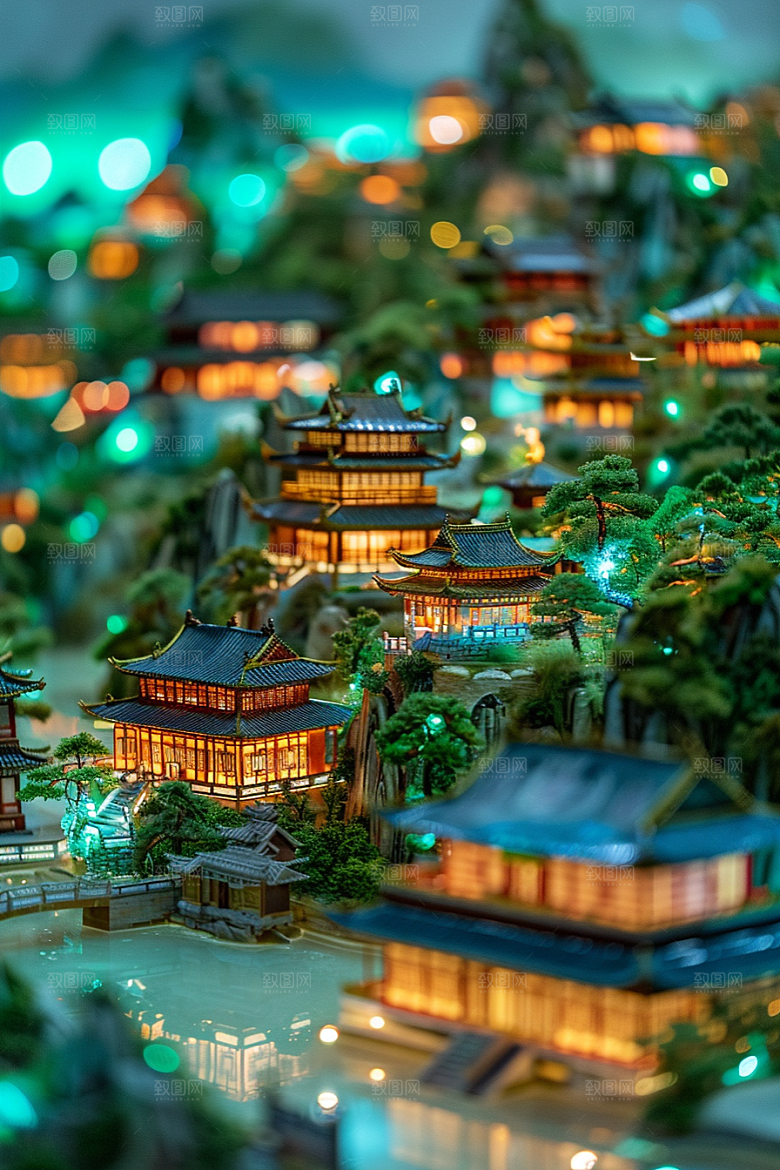国潮光效建筑幻想风山水模型