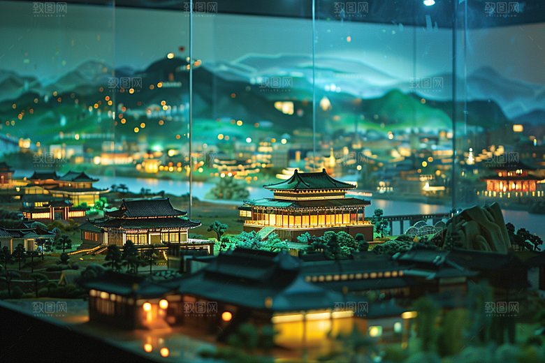 国潮光效建筑微距3D模型
