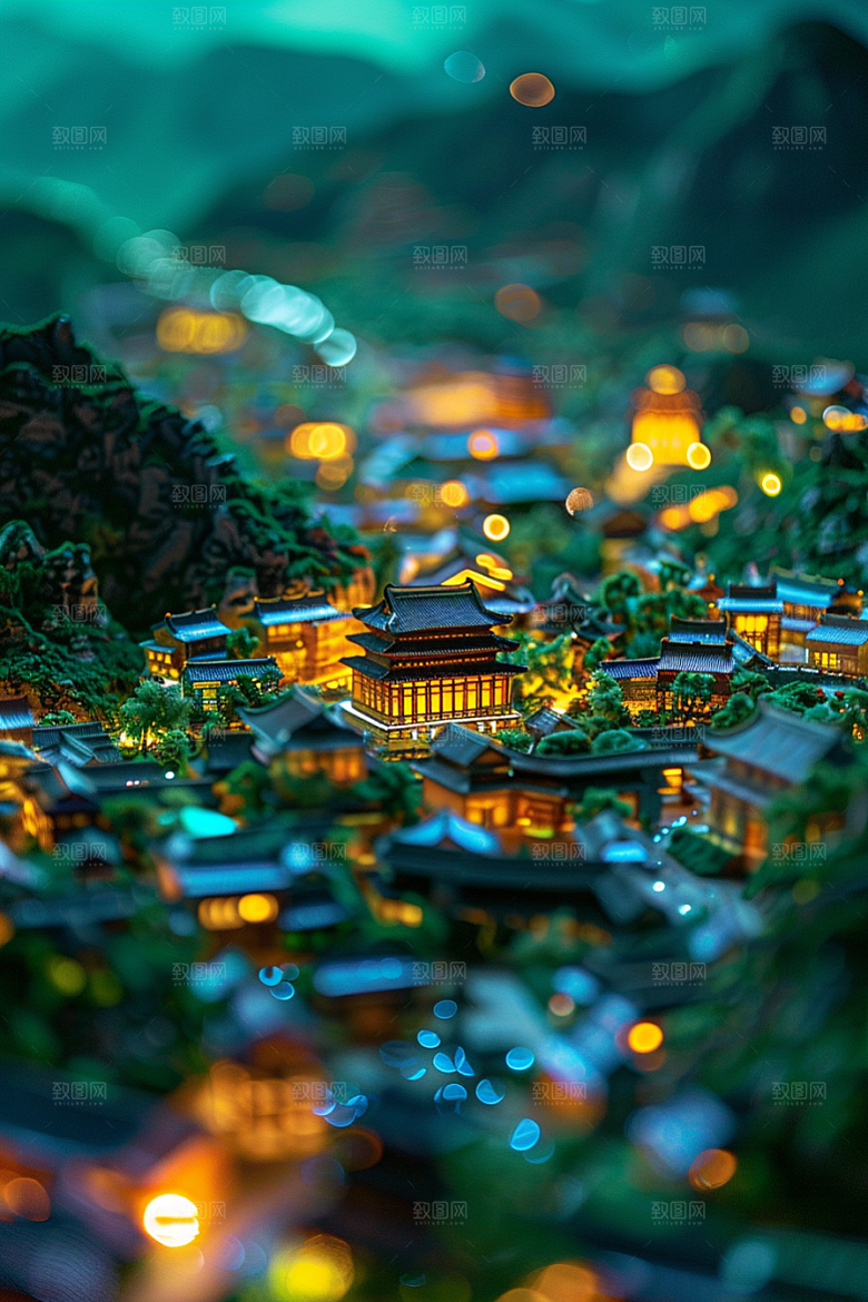国潮光效建筑微距3D模型