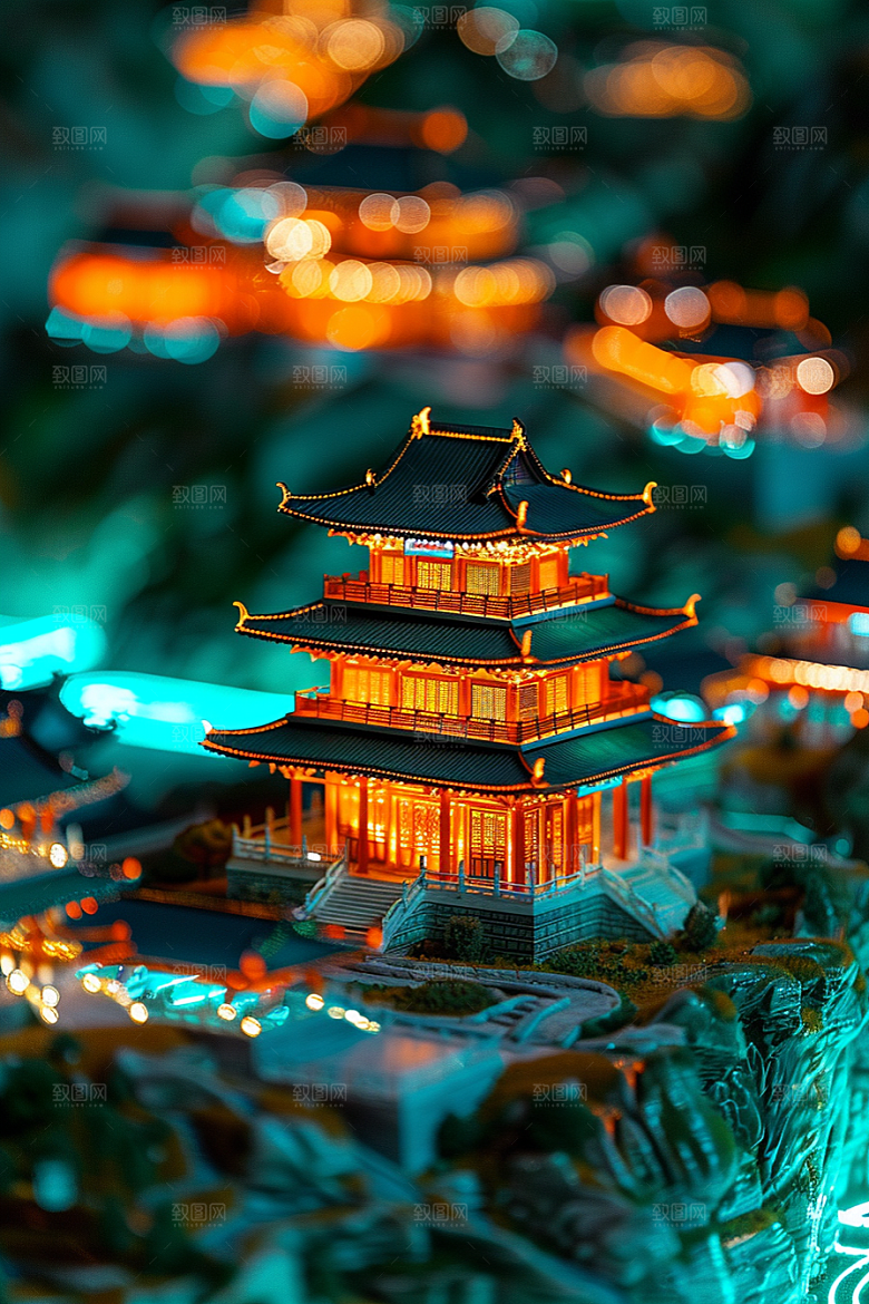 国潮光效建筑中国风超现实模型