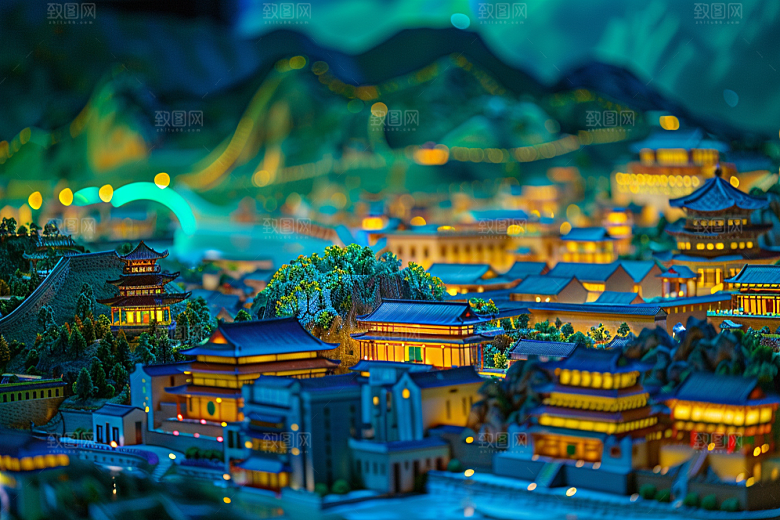 国潮光效建筑3D时尚模型