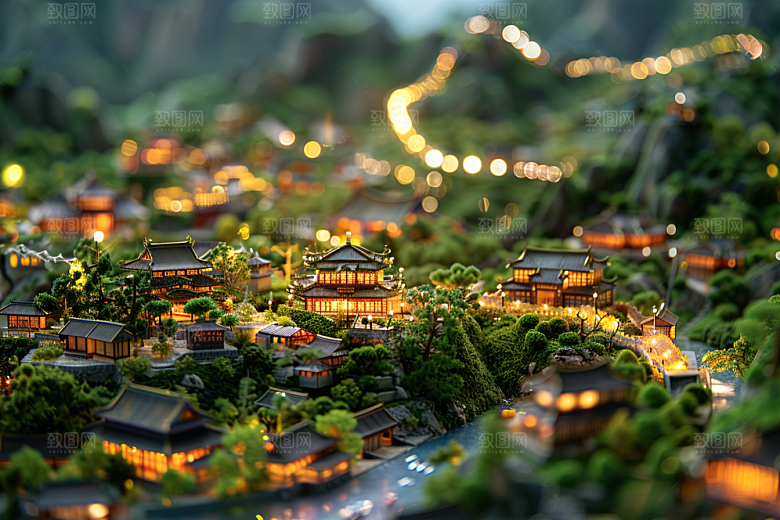 国潮光效建筑山水潮流模型