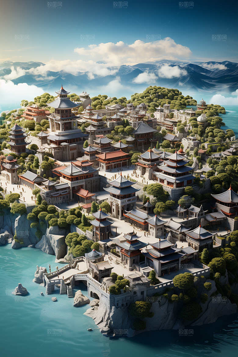 国潮光效建筑立体赛博朋克模型