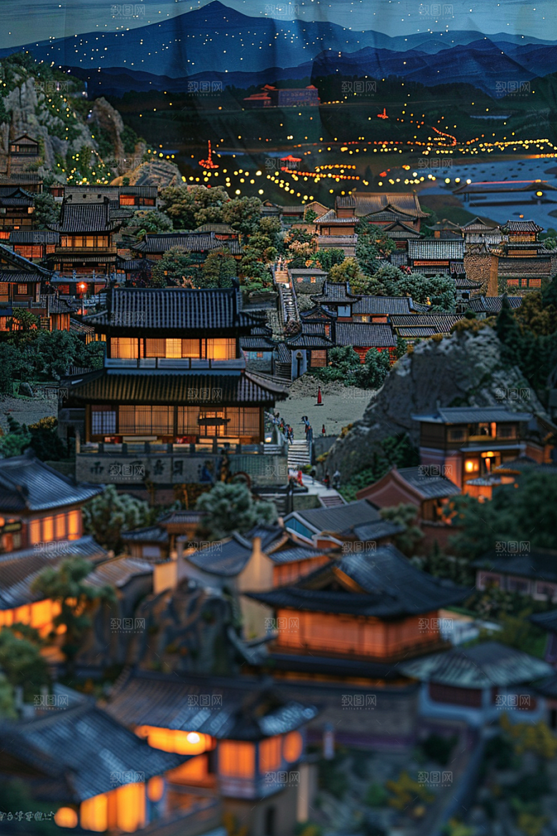 国潮光效建筑梦幻微距模型