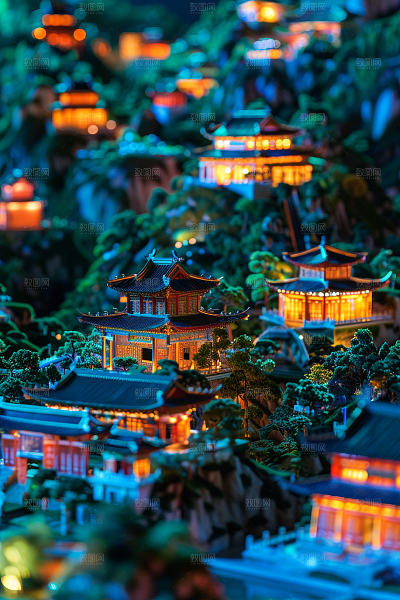 国潮光效建筑赛博朋克山水模型