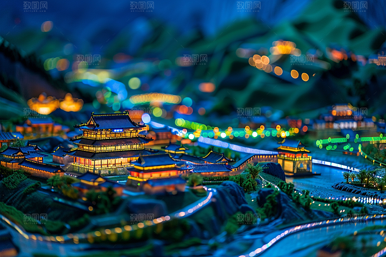 国潮光效建筑传统立体模型