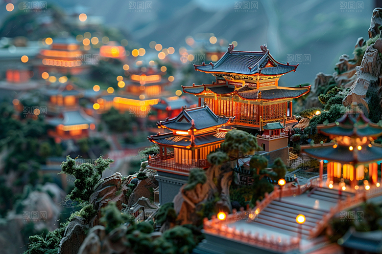 国潮光效建筑微距时尚模型