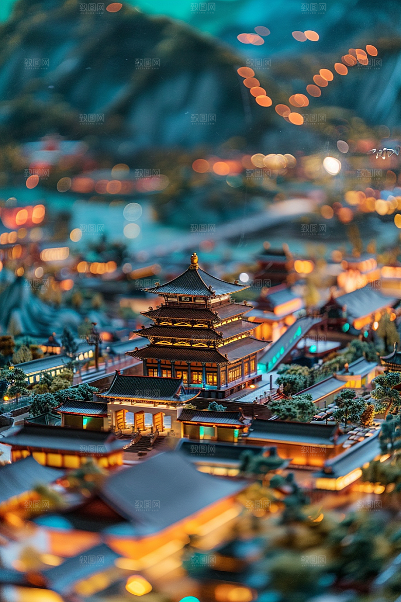 国潮光效建筑3D立体模型