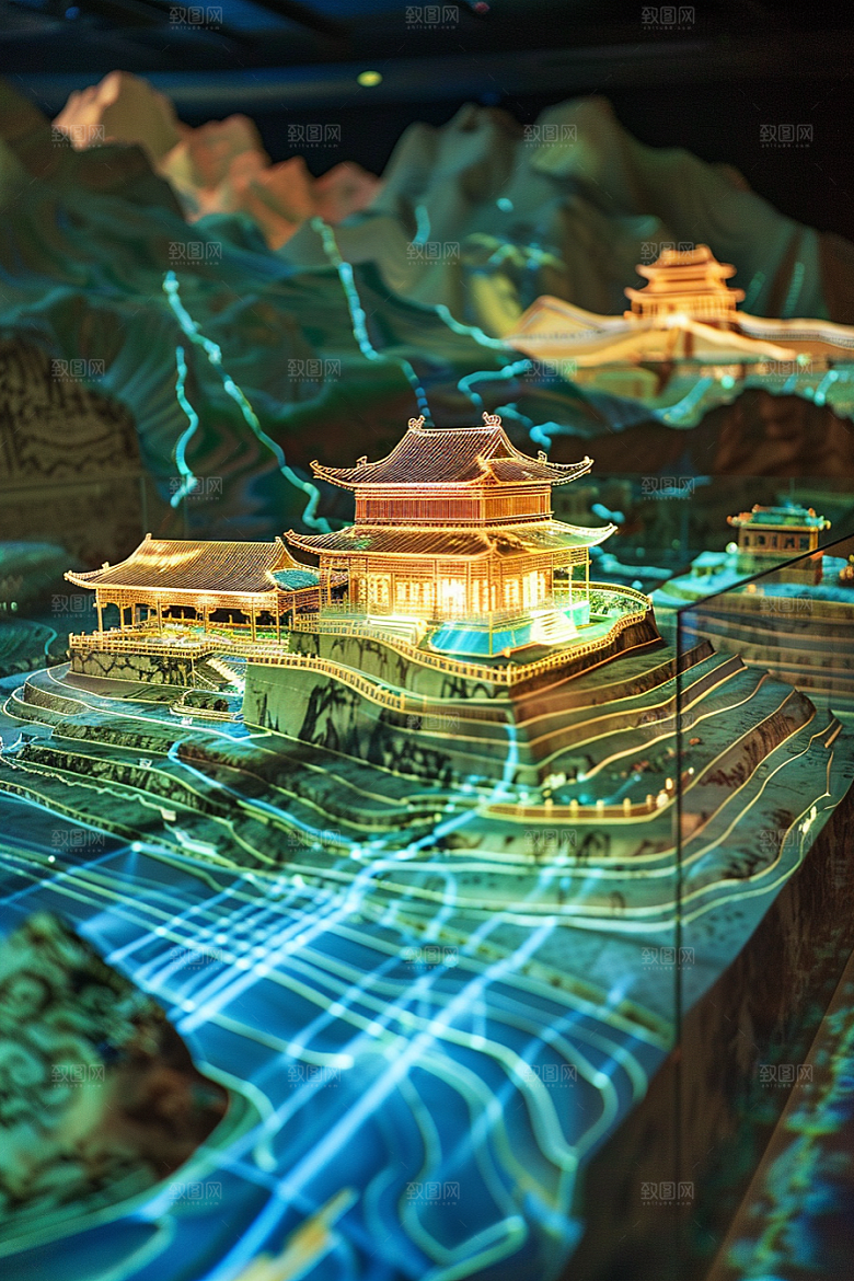 国潮光效建筑传统立体模型