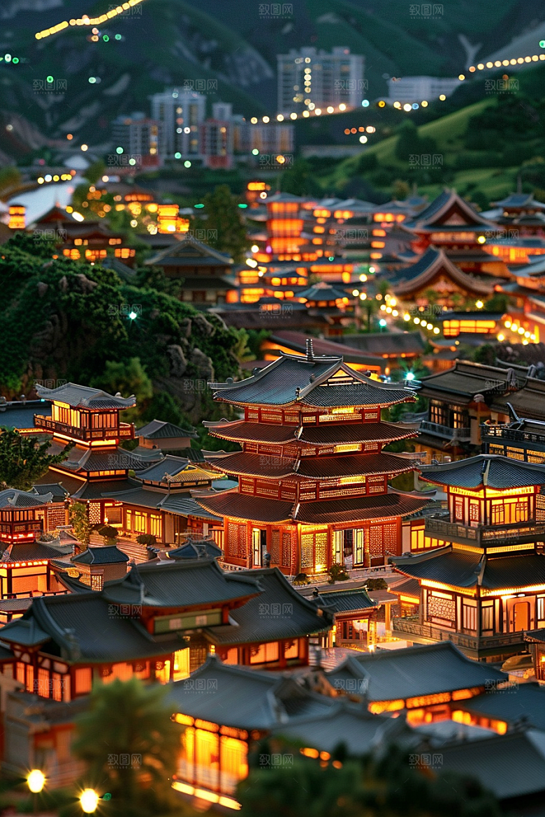 国潮光效建筑立体山水模型