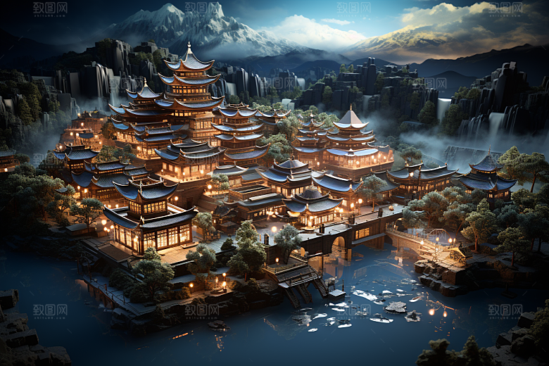 国潮光效建筑质感中国风模型