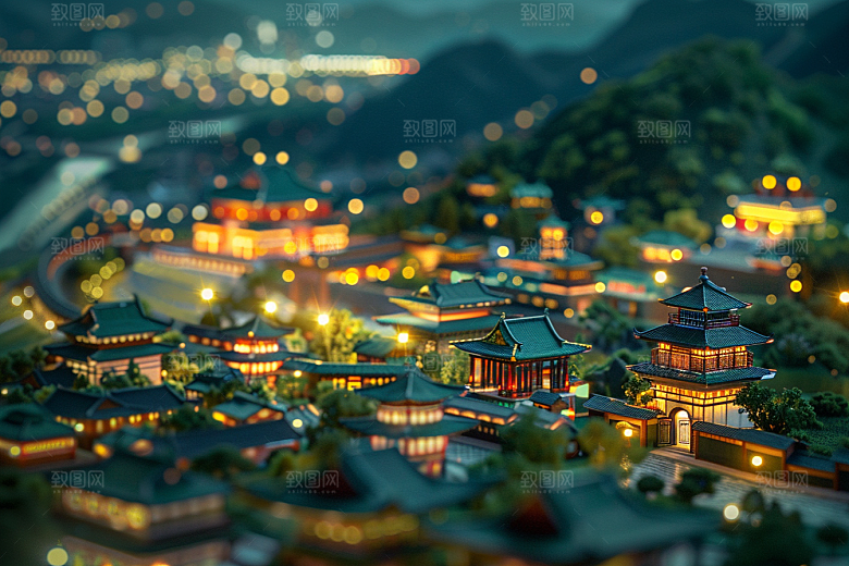 国潮光效建筑幻想风中国风模型