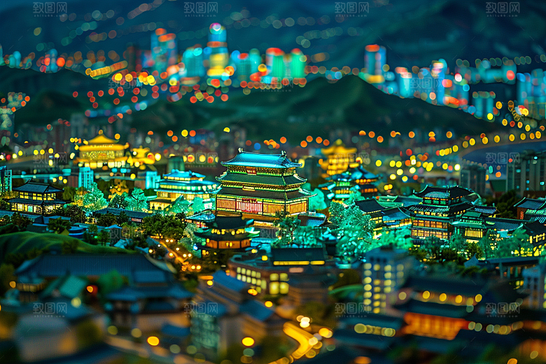 国潮光效建筑山水梦幻模型