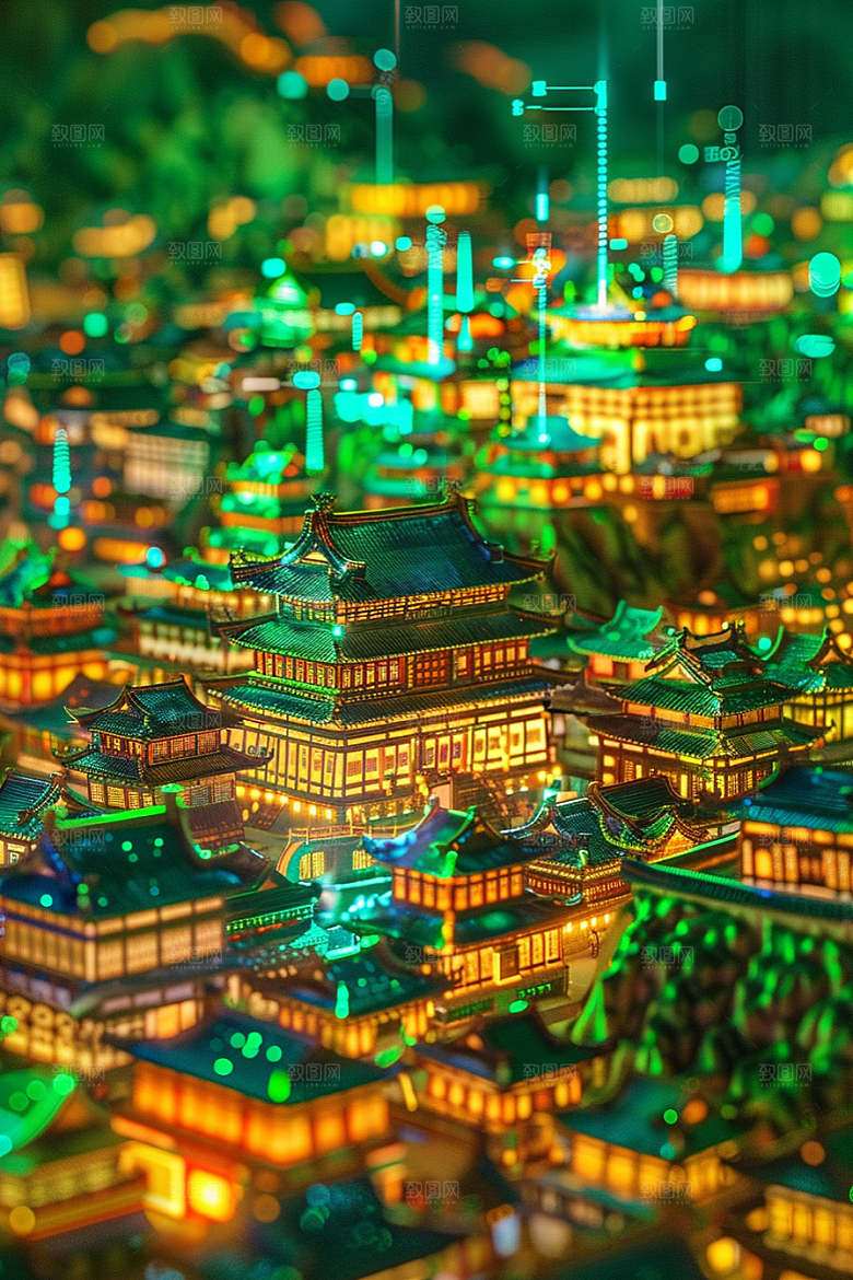 国潮光效建筑微距潮流模型