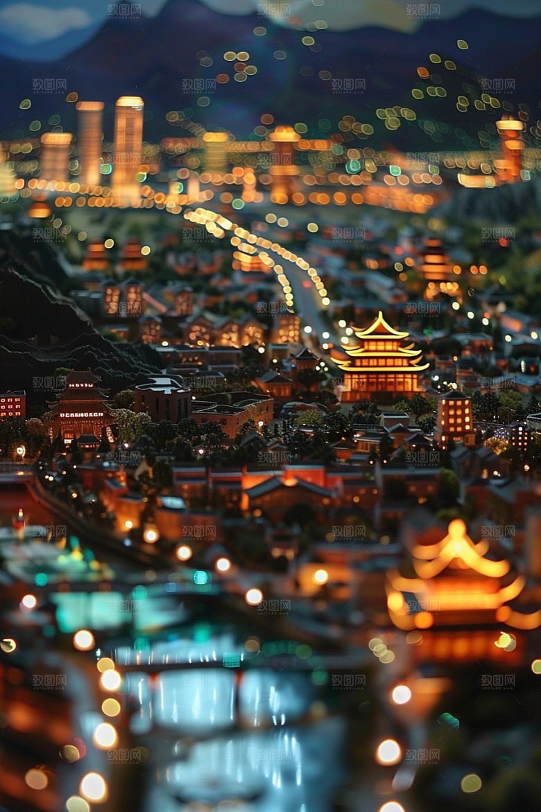 国潮光效建筑山水质感模型