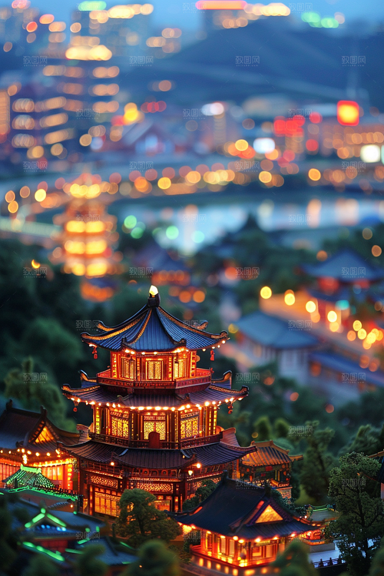 国潮光效建筑梦幻山水模型