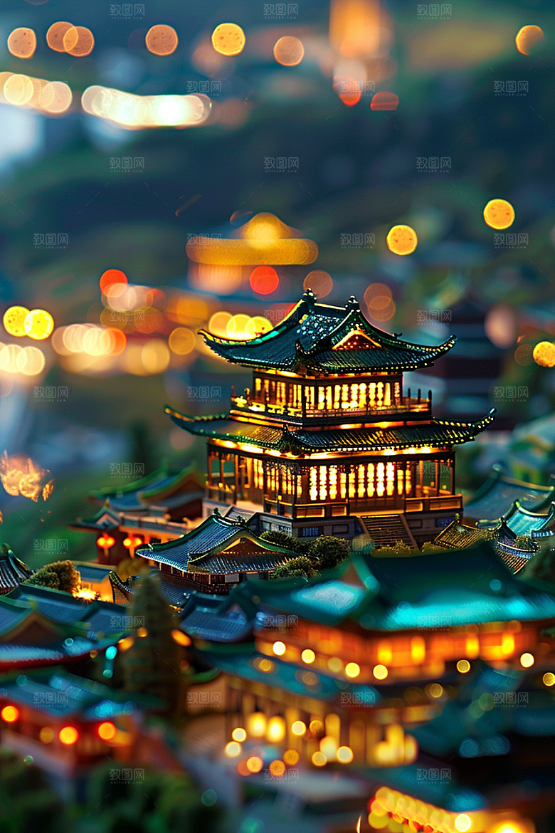 国潮光效建筑中国风3D模型