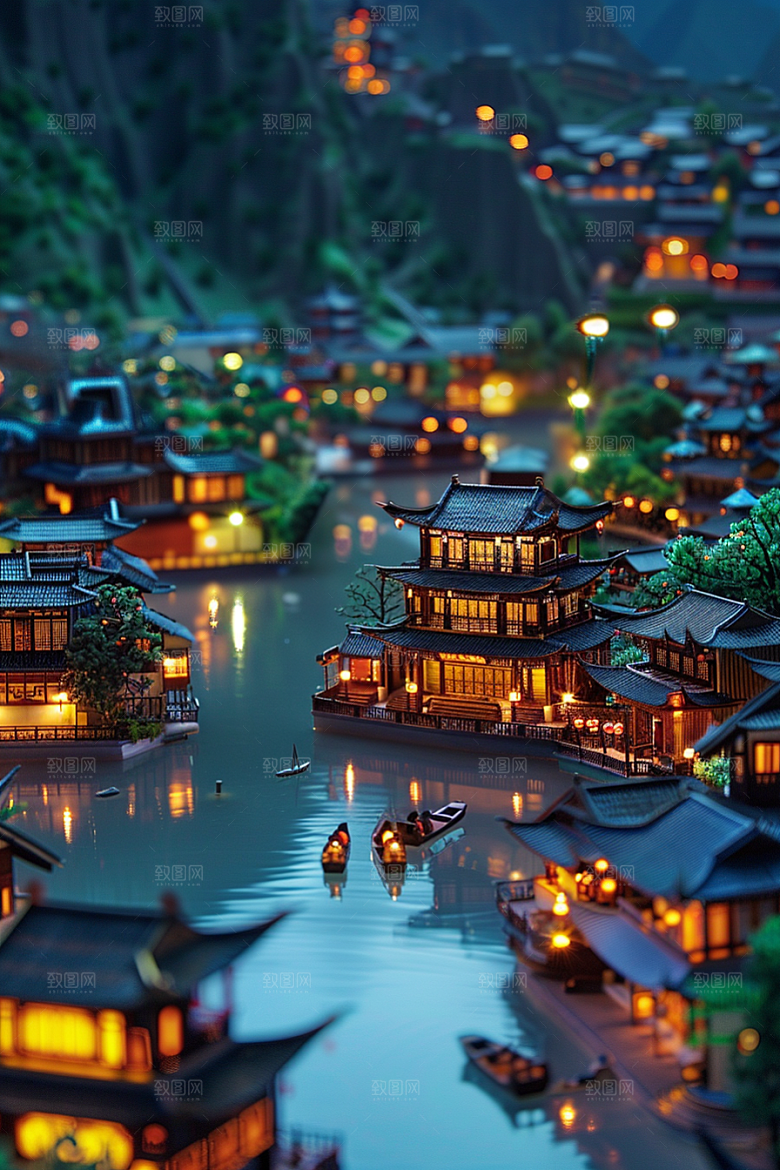 国潮光效建筑幻想风潮流模型
