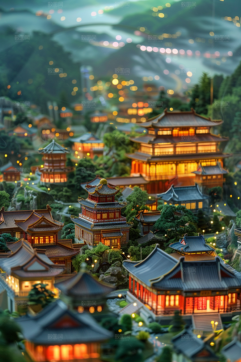 国潮光效建筑时尚山水模型