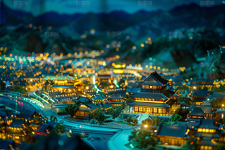 国潮光效建筑山水梦幻模型