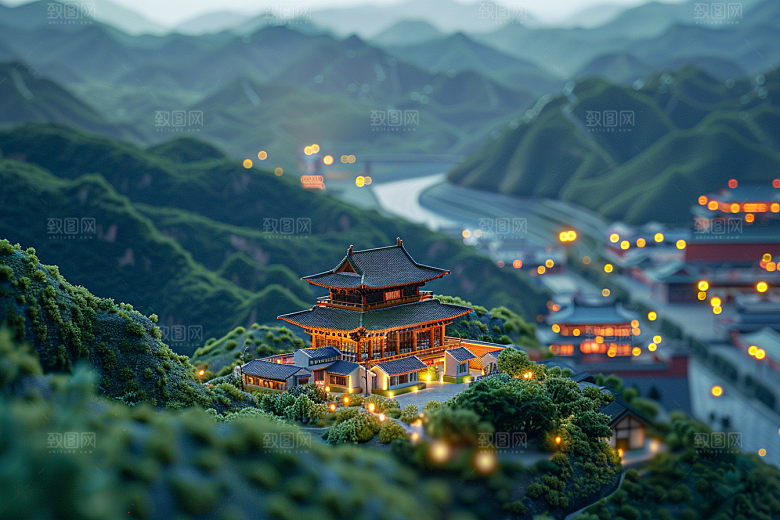 国潮光效建筑山水高清模型