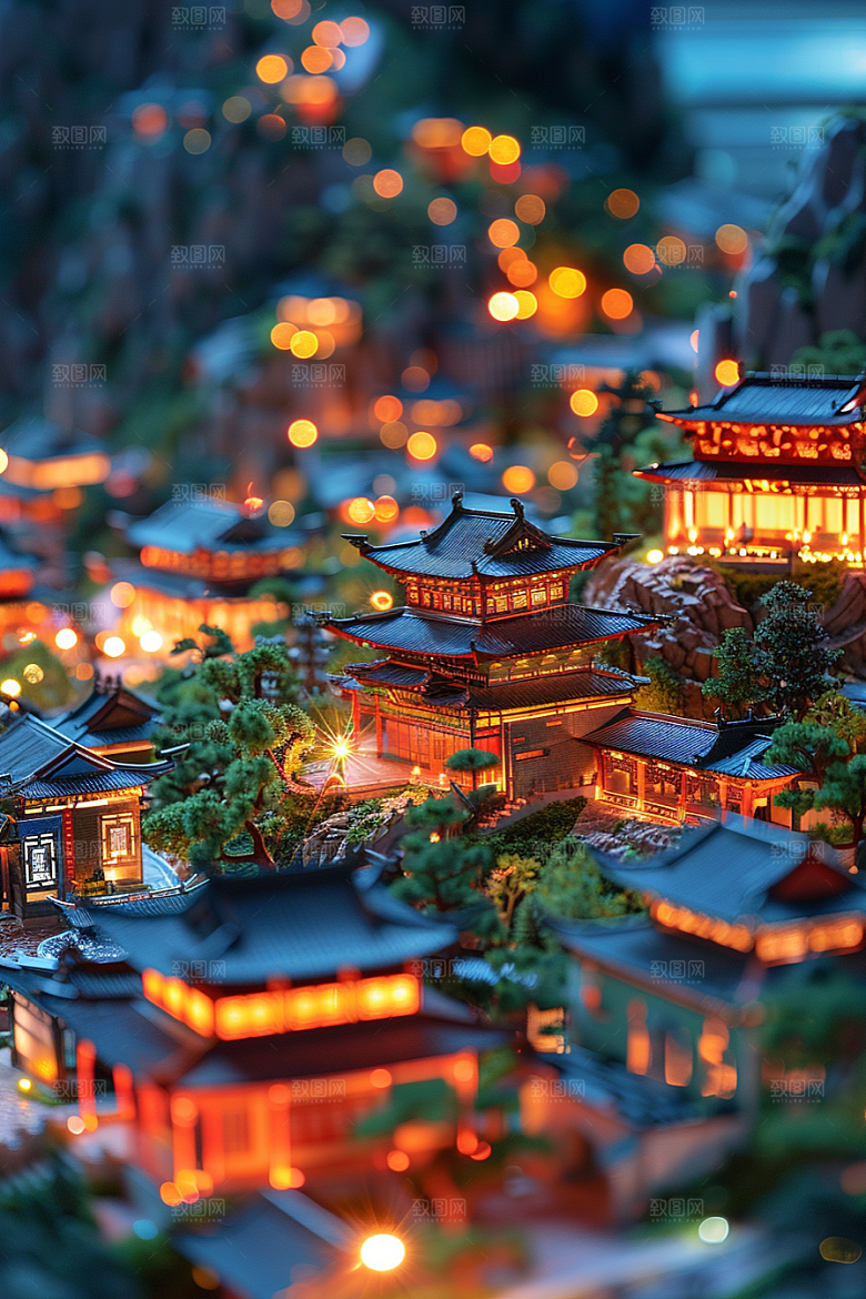国潮光效建筑中国风赛博朋克模型