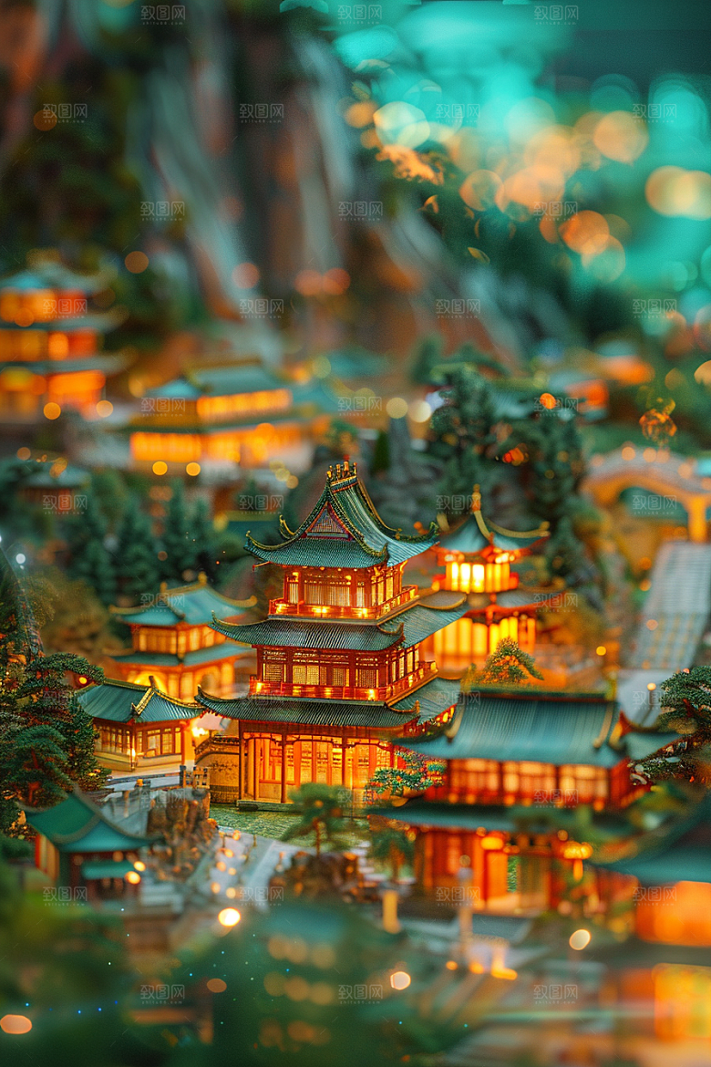 国潮光效建筑传统3D模型