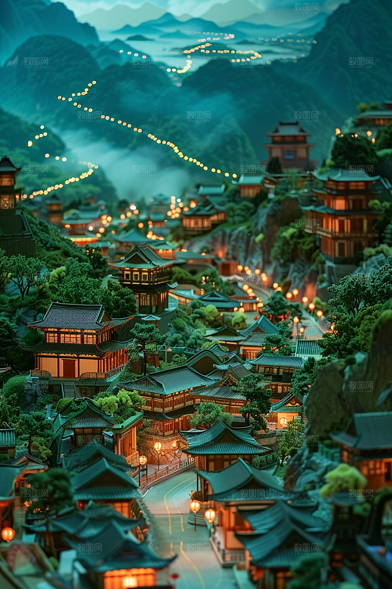 国潮光效建筑立体幻想风模型