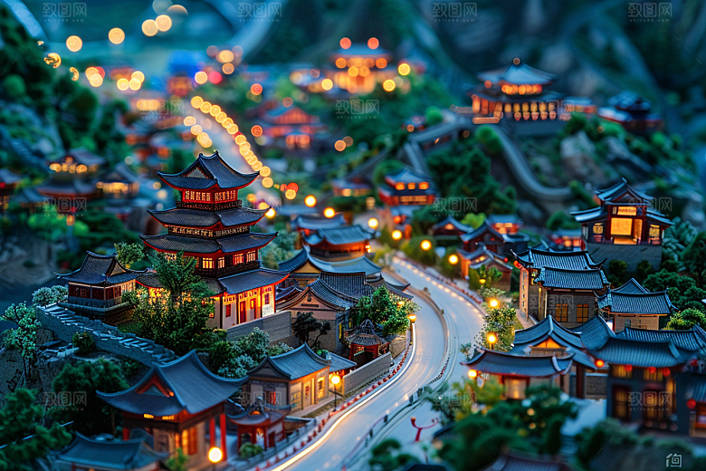 国潮光效建筑传统微距模型