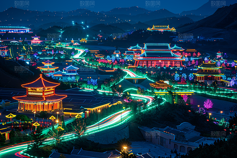 国潮光效建筑立体梦幻模型
