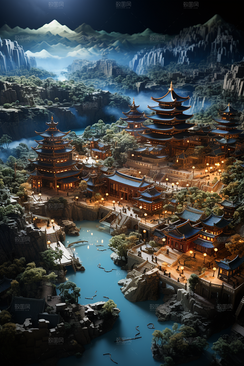 国潮光效建筑山水高清模型