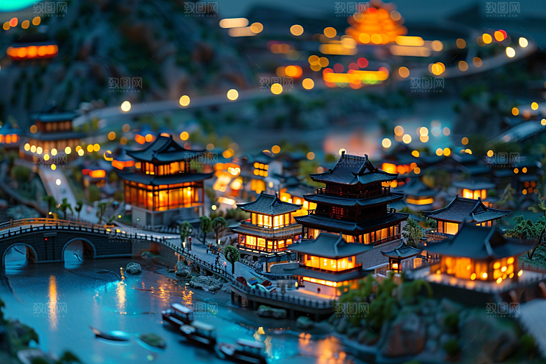 国潮光效建筑传统中国风模型