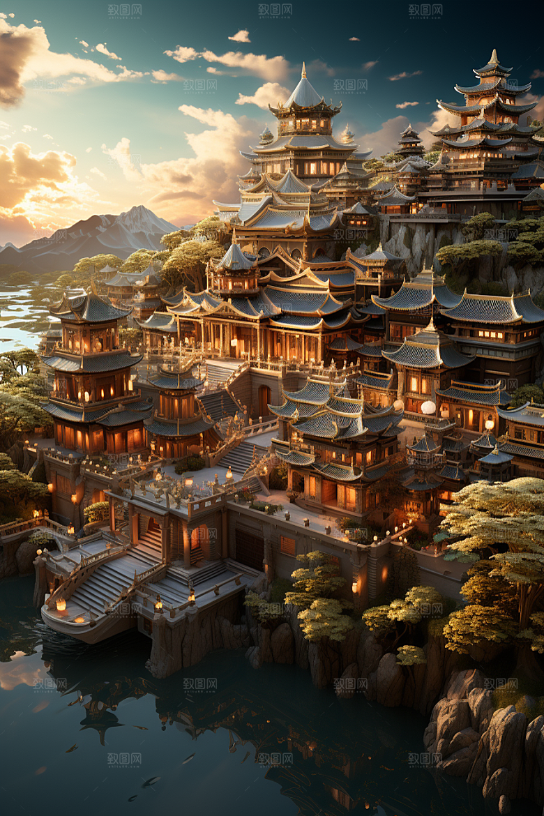 国潮光效建筑中国风梦幻模型