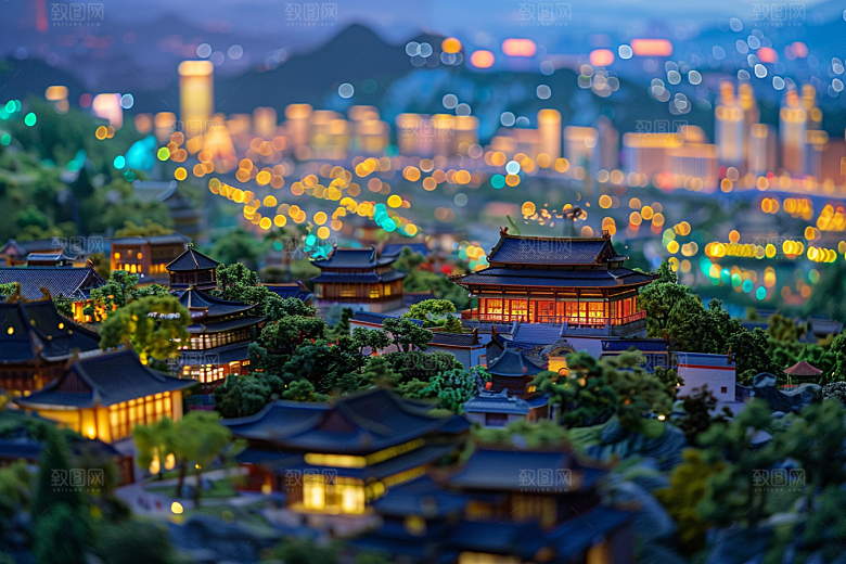 国潮光效建筑传统山水模型