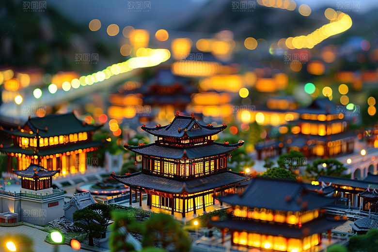 国潮光效建筑山水幻想风模型